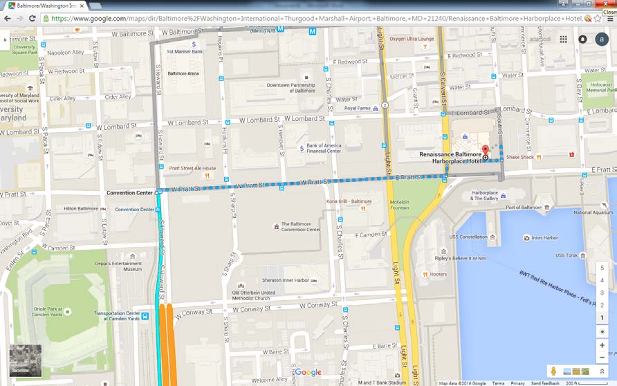 Screenshot of Google Maps directions to hotel from BWI via Light Rail